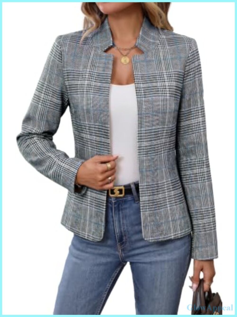 Plaid Tweed Blazer Open Front Business Casual Jacket